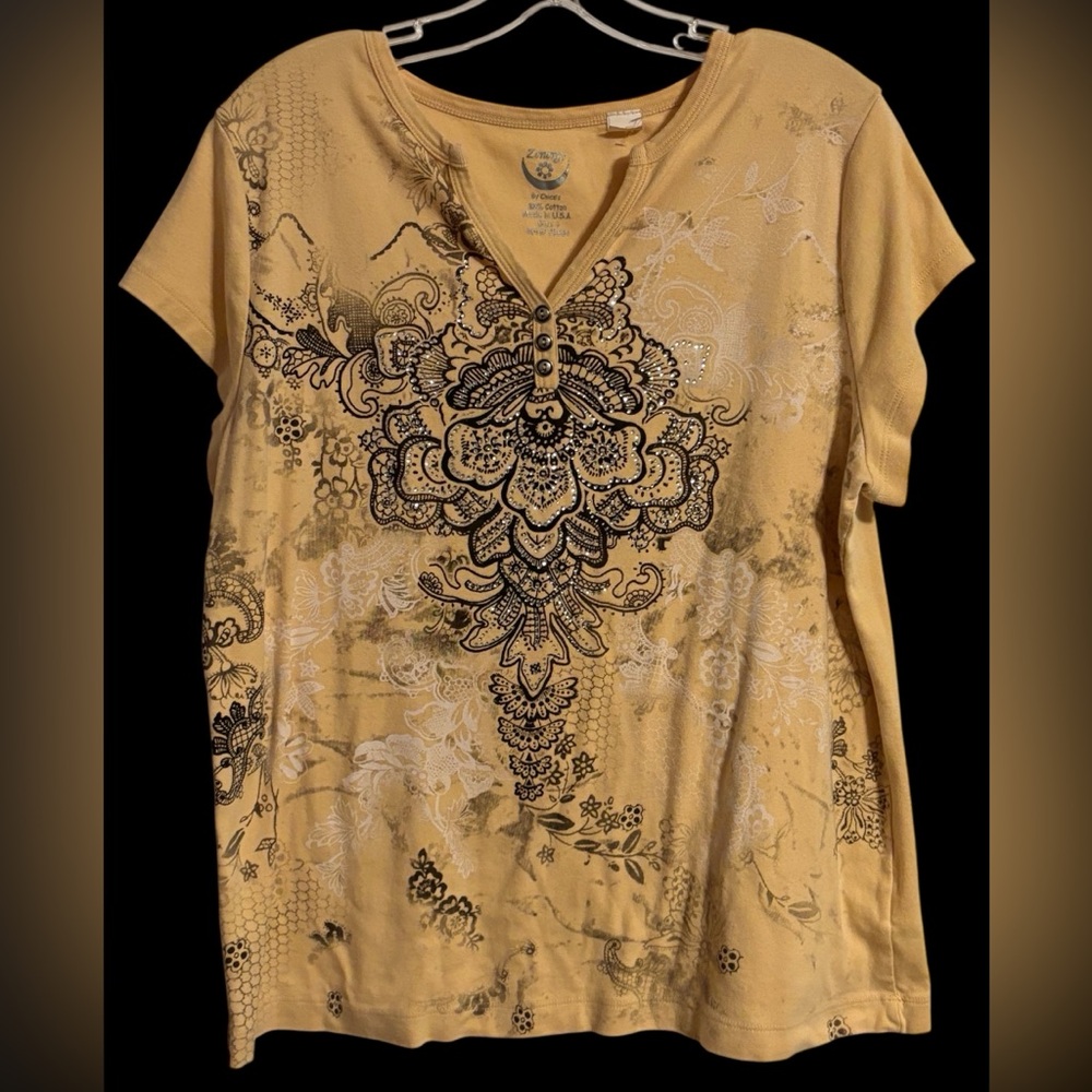 EUC•Zenergy by Chicos Yellow Graphic Relaxed Tee size 3